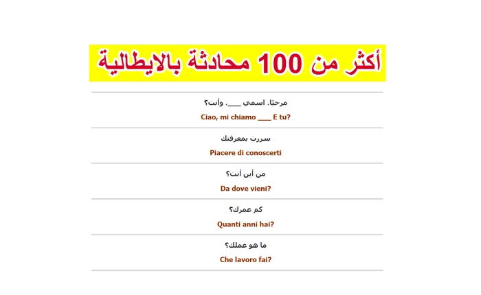 أهم 100 جملة ومحادثة باللغة الايطالية مترجمة للعربية